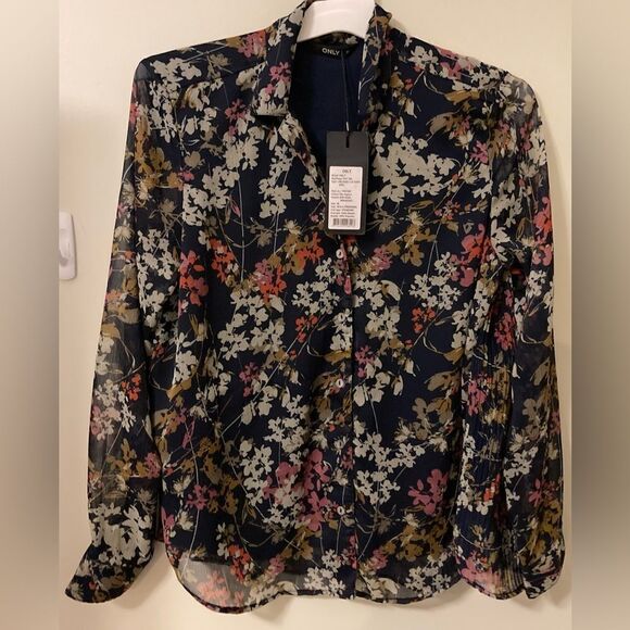 ONLY Navy floral daisy long sleeve blouse NWT - Picture 1 of 5